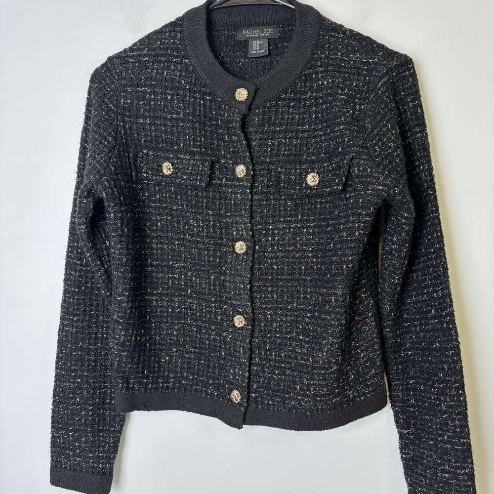 Rachel Zoe Black Boucle Sweater with Gold Button Detail